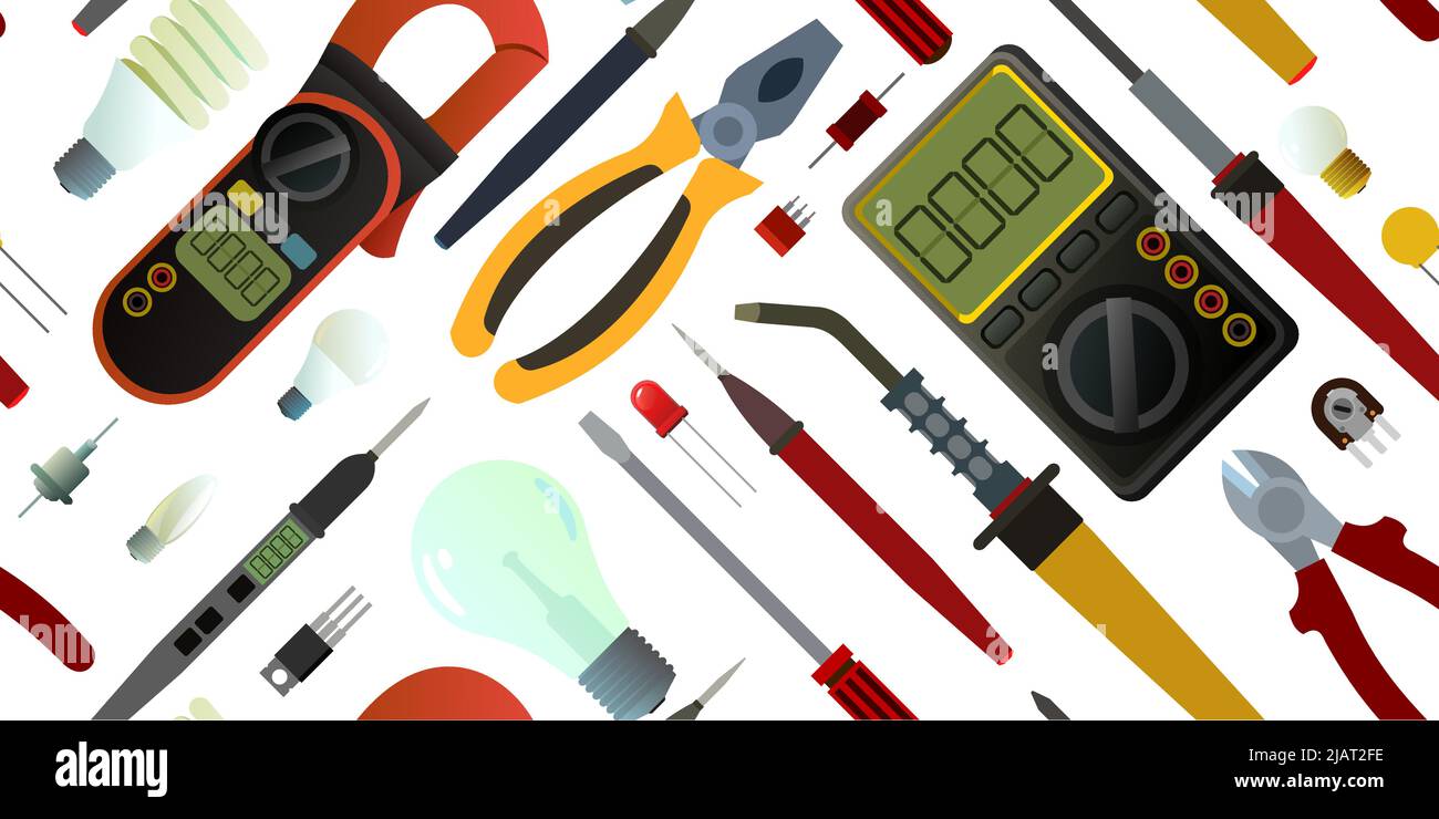 Attrezzi per elettricista. Riparazione di apparecchiature radio elettroniche e a microprocessore. Componenti di ricambio e assistenza. Isolato su sfondo bianco. Cucitura Illustrazione Vettoriale