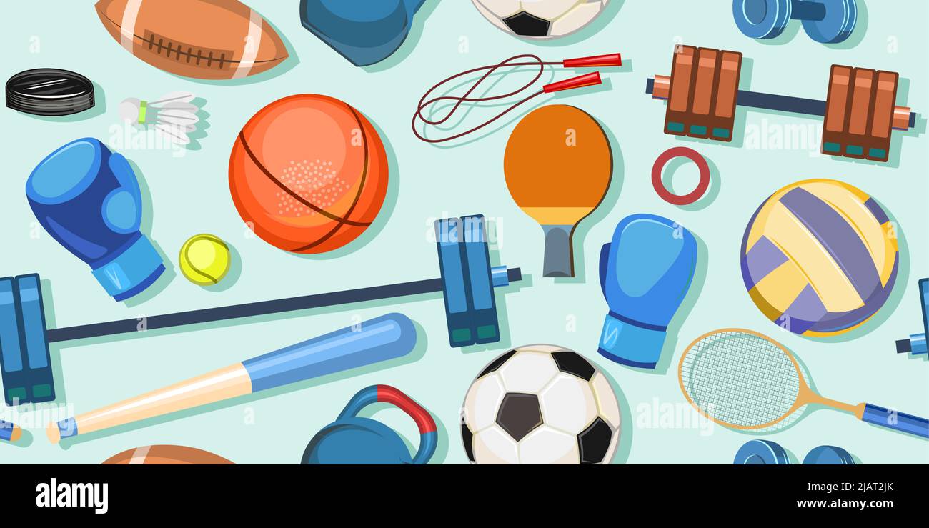Attrezzature sportive per atleti. Ripetizione senza giunture.insieme di strumenti. Illustrazione colorata. Vettore. Illustrazione Vettoriale