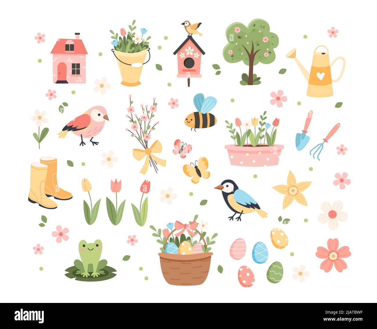 Collezione Spring Elements - simpatici uccelli, api, fiori, farfalle. Uova di Pasqua. Elementi cartoni animati piatti disegnati a mano. Illustrazione Foto Stock