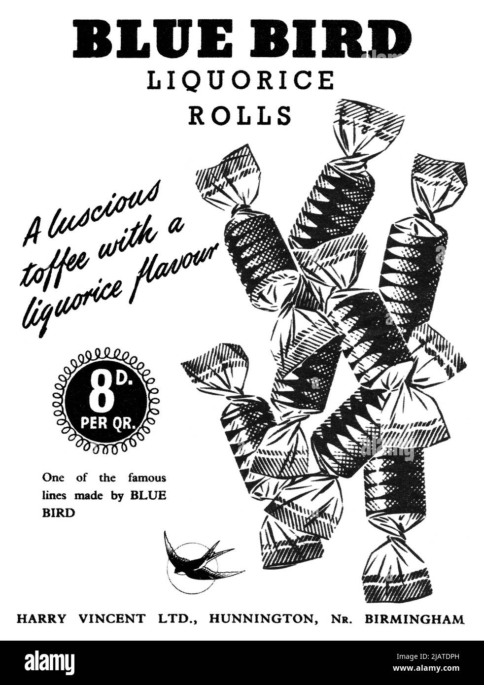 1955 Pubblicità britannica per rotoli di liquirizia Blue Bird, dolci di Harry Vincent Ltd. Foto Stock