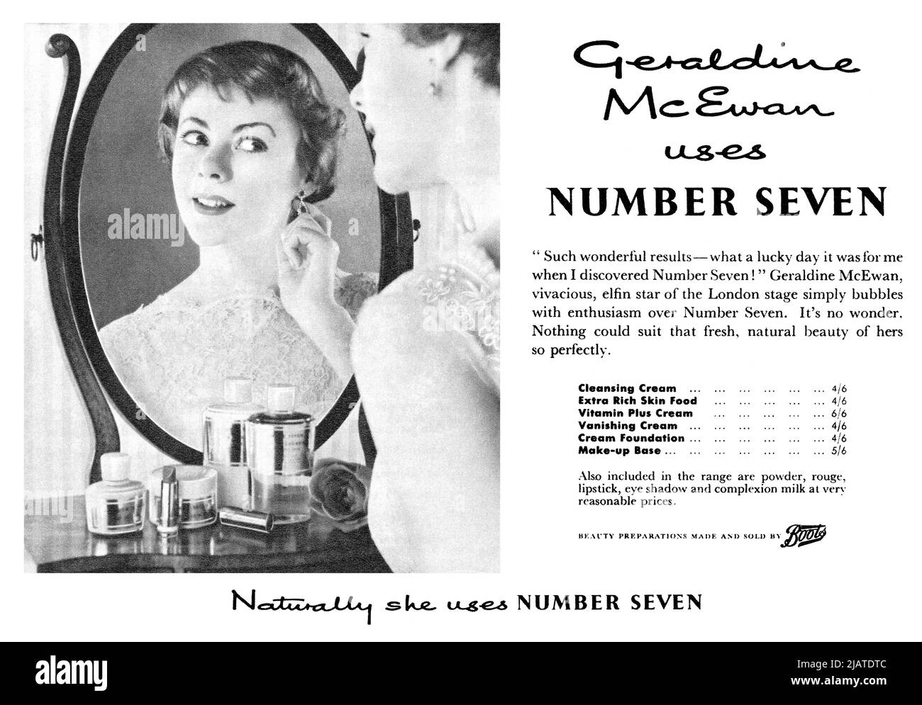 1955 Pubblicità britannica per Boots numero sette cosmetici, con l'attrice Geraldine McEwan. Foto Stock