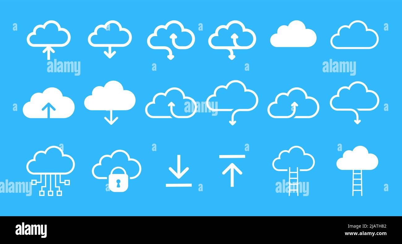 Serie di icone del cloud computing. Icone della tecnologia cloud e della rete di hosting per Web e dispositivi mobili. Illustrazione del vettore di tipo piatto Illustrazione Vettoriale