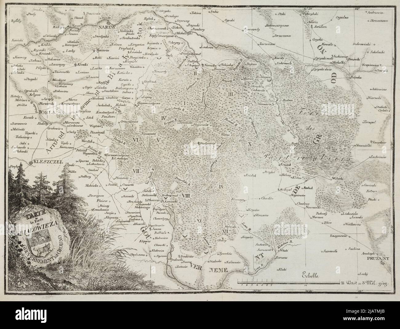 Mappa della Białowieża Foresta di Grodno W: Memoria descrittiva sulla Foresta Imperiale di Białowieża Lithuanie scritto da Baron de Brincken, curatore capo della foresta nazionale della Royanne de Poland, membro del Dipartimento ., Varsavia 1828 . Dietrich, Friedrich Christoph (1779 1847), Glücksberg, Natan Foto Stock