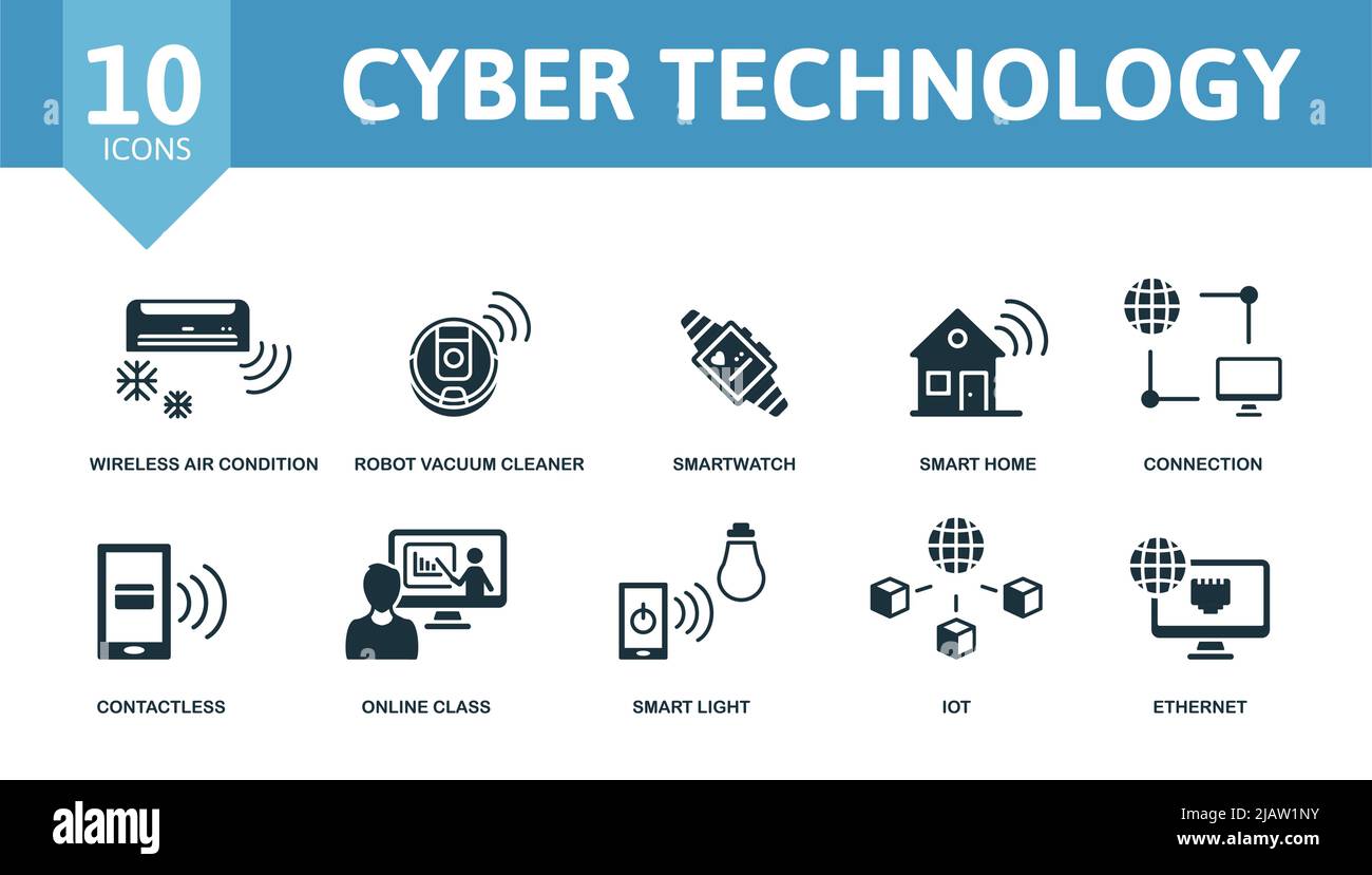 Serie di icone della tecnologia Cyber. Contiene icone modificabili tema della tecnologia internet come aria condizionata wireless, smartwatch, connessione e altro ancora. Illustrazione Vettoriale