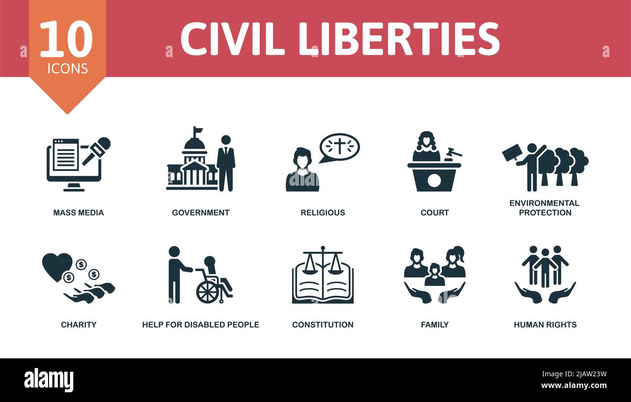 Icona Civil Liberties Set (libertà civili impostate). Icone modificabili tema delle libertà civili come i mass media, religiosi, tutela ambientale e altro ancora. Illustrazione Vettoriale