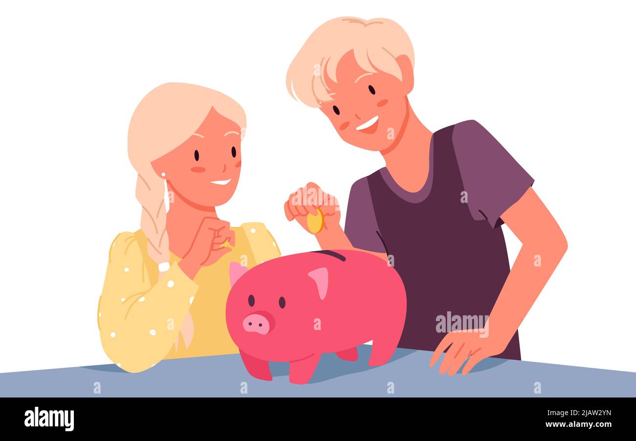 I capretti carini che mettono la moneta alla banca del piggy, il ragazzo del thrifty e la ragazza con il moneybox sul tavolo Illustrazione Vettoriale