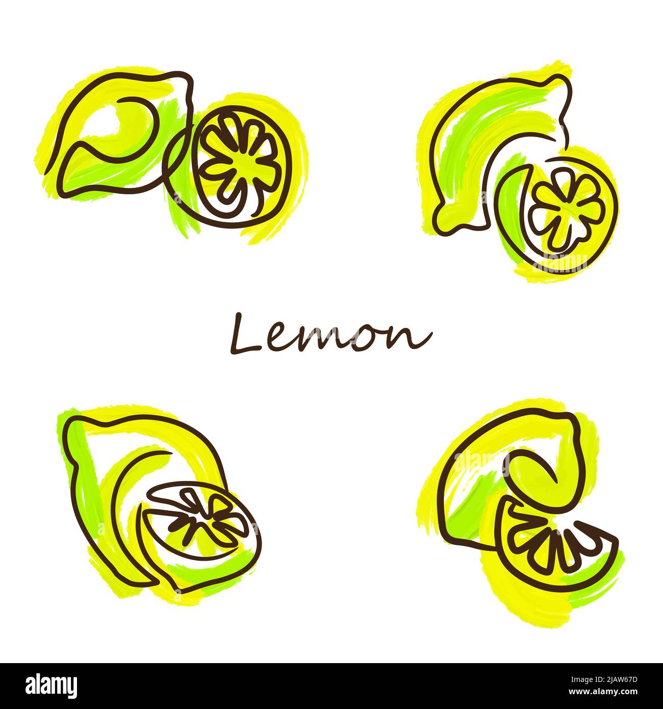 Set vettoriale di limoni gialli Cartoon. Limoni supermaturi, limoni singoli, mazzo di limoni Illustrazione Vettoriale