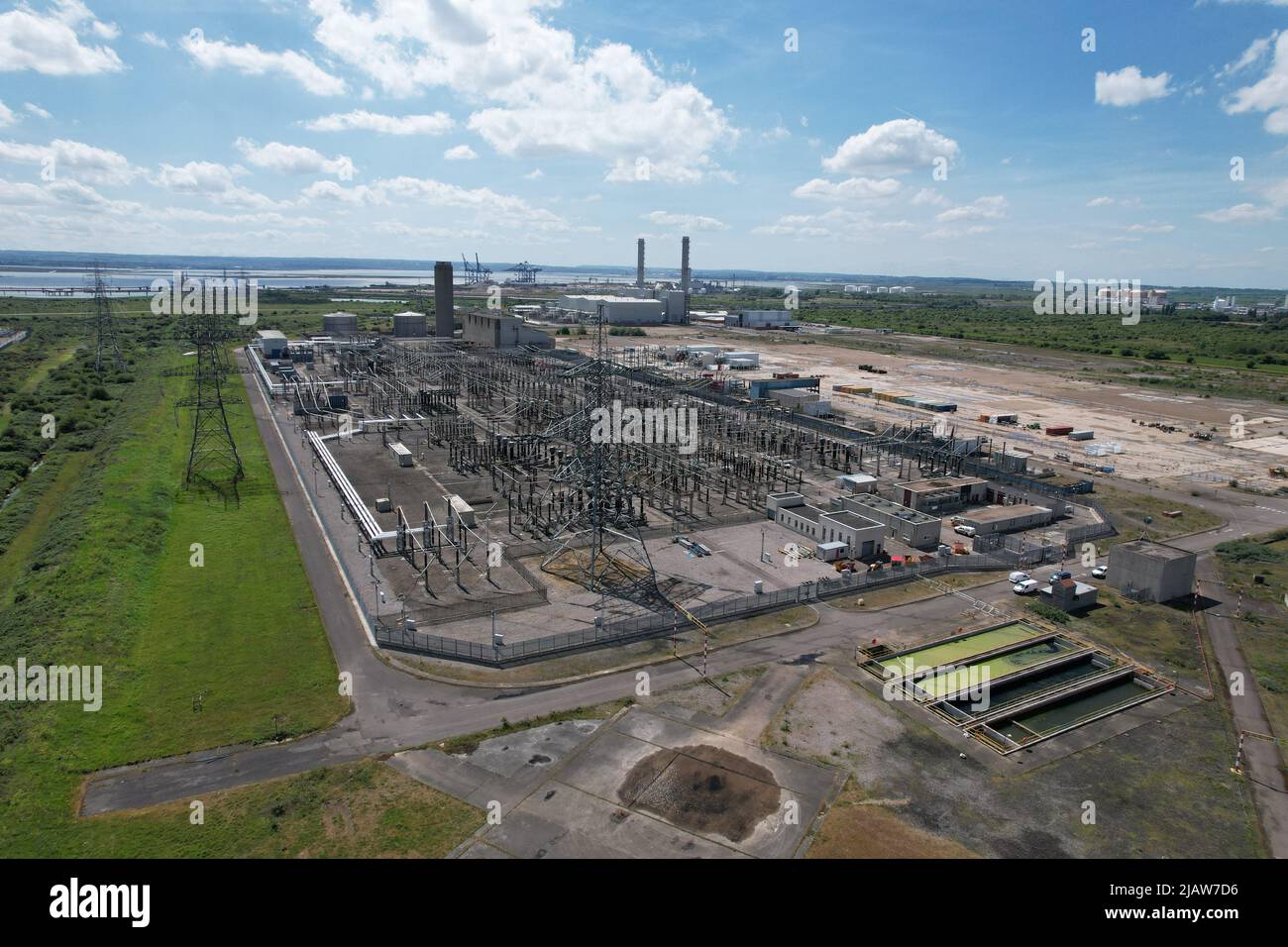 Grain Electrical Substation Kent UK drone vista aerea Foto Stock
