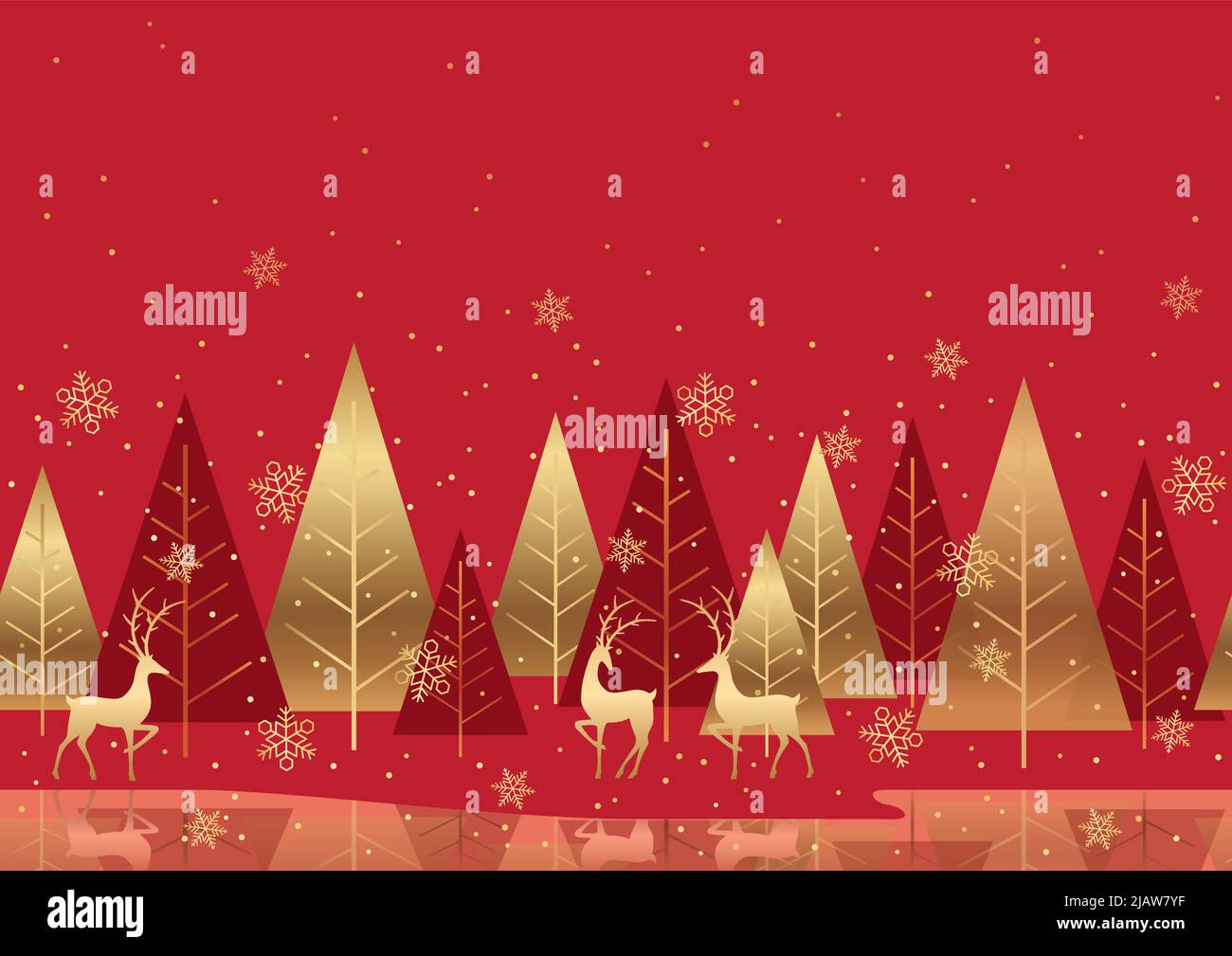 Sfondo della foresta invernale senza giunture rosse con renne e spazio di testo. Illustrazione vettoriale. Ripetibile orizzontalmente. Illustrazione Vettoriale