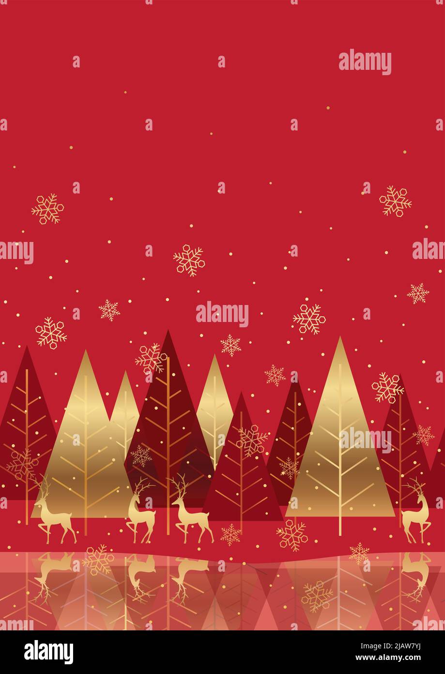 Sfondo della foresta invernale senza giunture rosse con renne e spazio di testo. Illustrazione vettoriale. Ripetibile orizzontalmente. Illustrazione Vettoriale