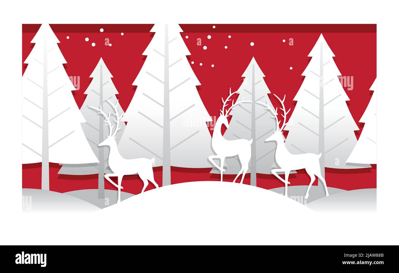 Illustrazione del rilievo del rosso del vettore di Natale 3-D con la foresta e la renna d'inverno isolate su uno sfondo bianco. Illustrazione Vettoriale