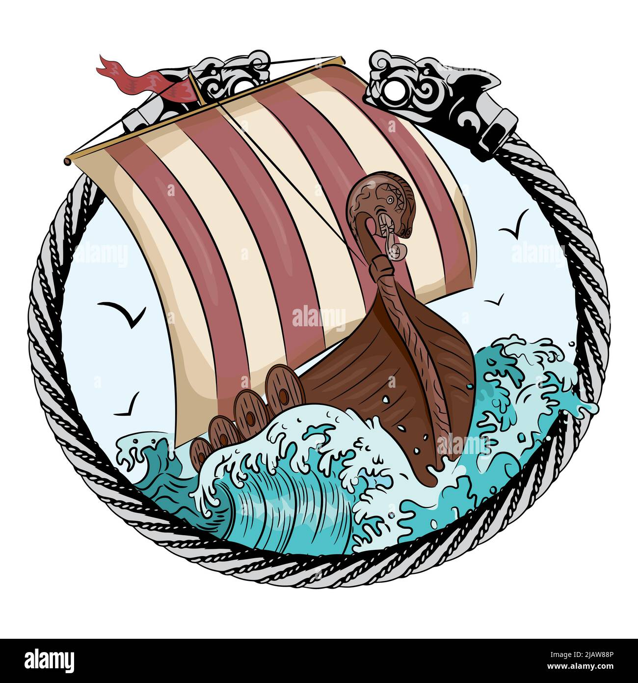 Drakkar vela sul mare tempestoso nella cornice della corona scandinava con una testa di lupo Illustrazione Vettoriale