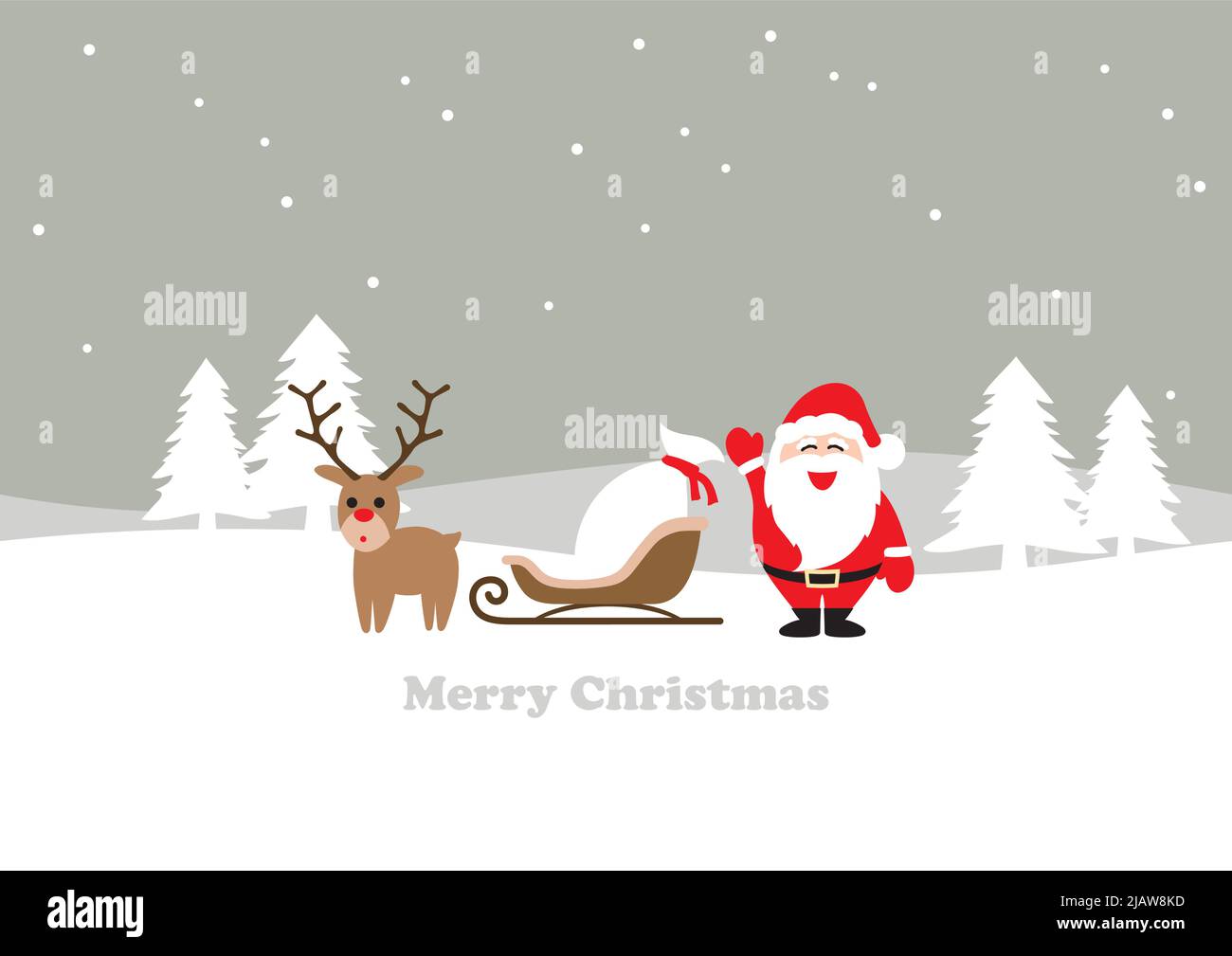 Paesaggio invernale senza giunture con Babbo Natale, una renna e una slitta. Illustrazione vettoriale di stile semplice, semplice e cartoonish. Ripetibile orizzontalmente. Illustrazione Vettoriale
