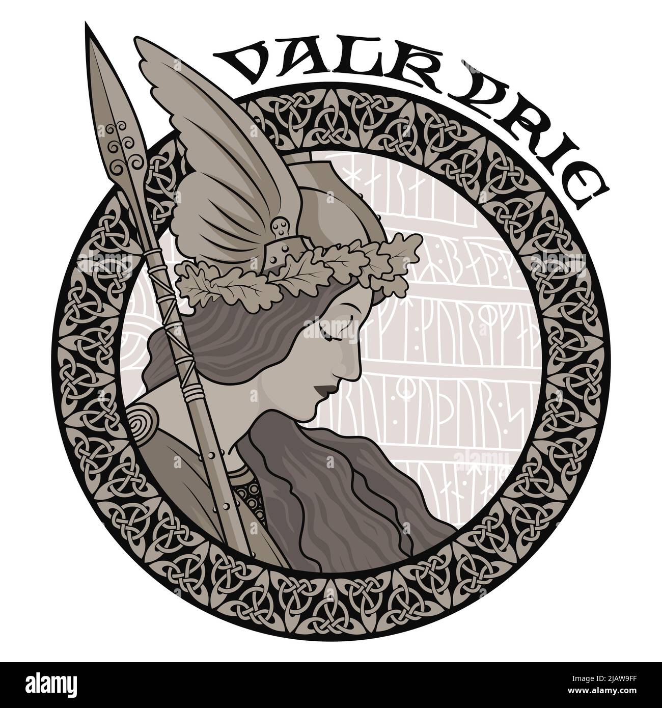 Valkyrie, illustrazione della mitologia scandinava, disegnata in stile Art Nouveau Illustrazione Vettoriale