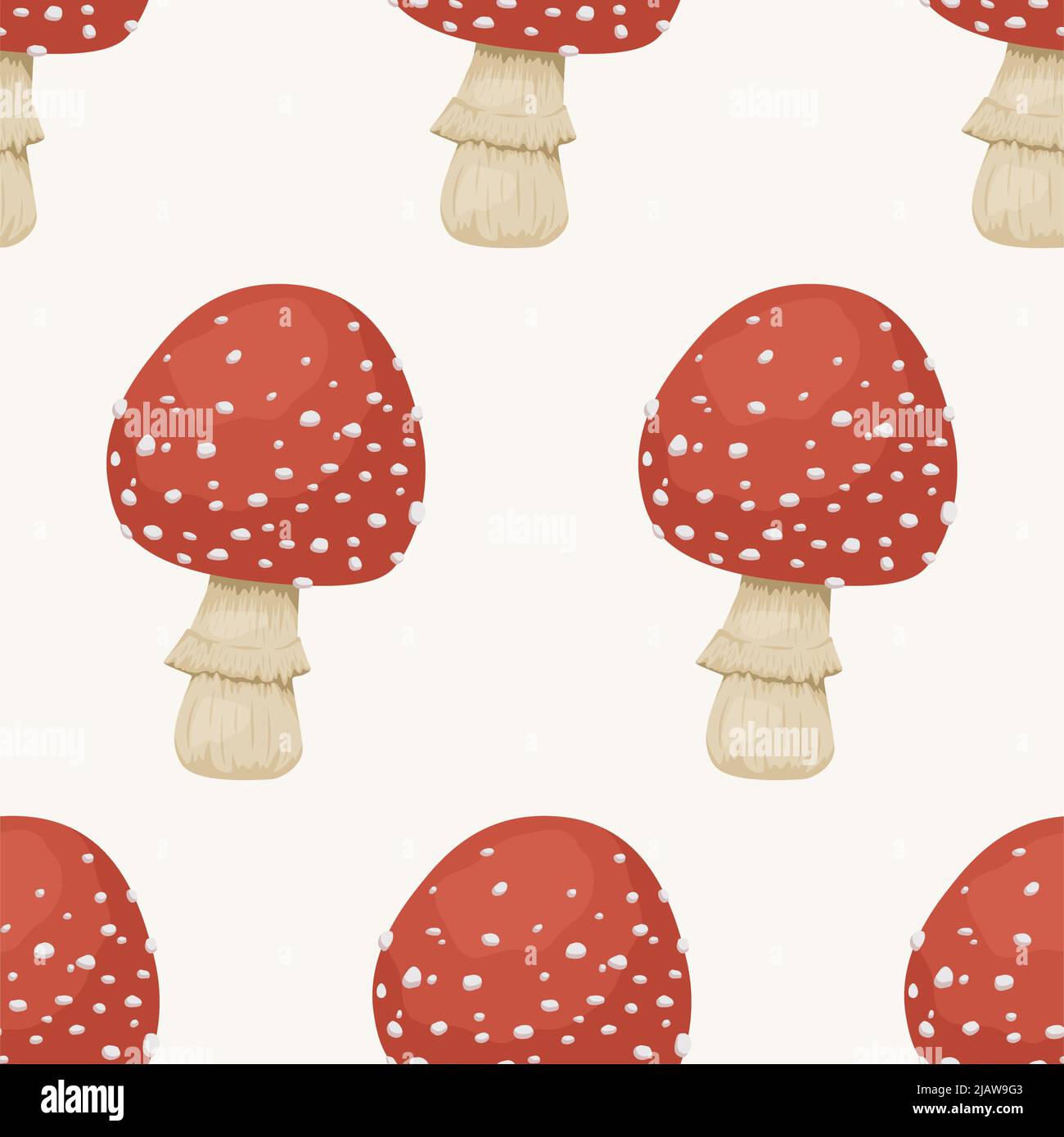 Vector Seamless Pattern con funghi velenosi inedibili. Cartoon rosso Fly agarico Fly disegnato a mano fungo isolato su bianco. Amanita Muscaria, Fly Agaric Illustrazione Vettoriale