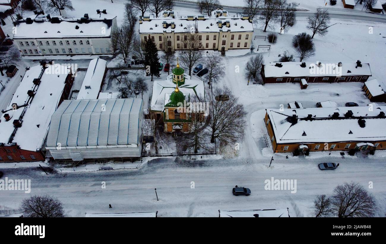 Fortezza di Lappeenranta girato con un drone in un freddo giorno di gennaio Foto Stock