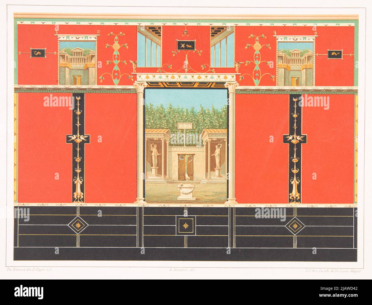 Pittura Pompeiana che rappresenta il cosiddetto quarto stile dell'antica pittura romana delle pareti (chiamata lo stile della fantastica architettura; circa 50 anni 100 CE). Capri, D., stabilimento litografico: Zucchi & de Luca Foto Stock