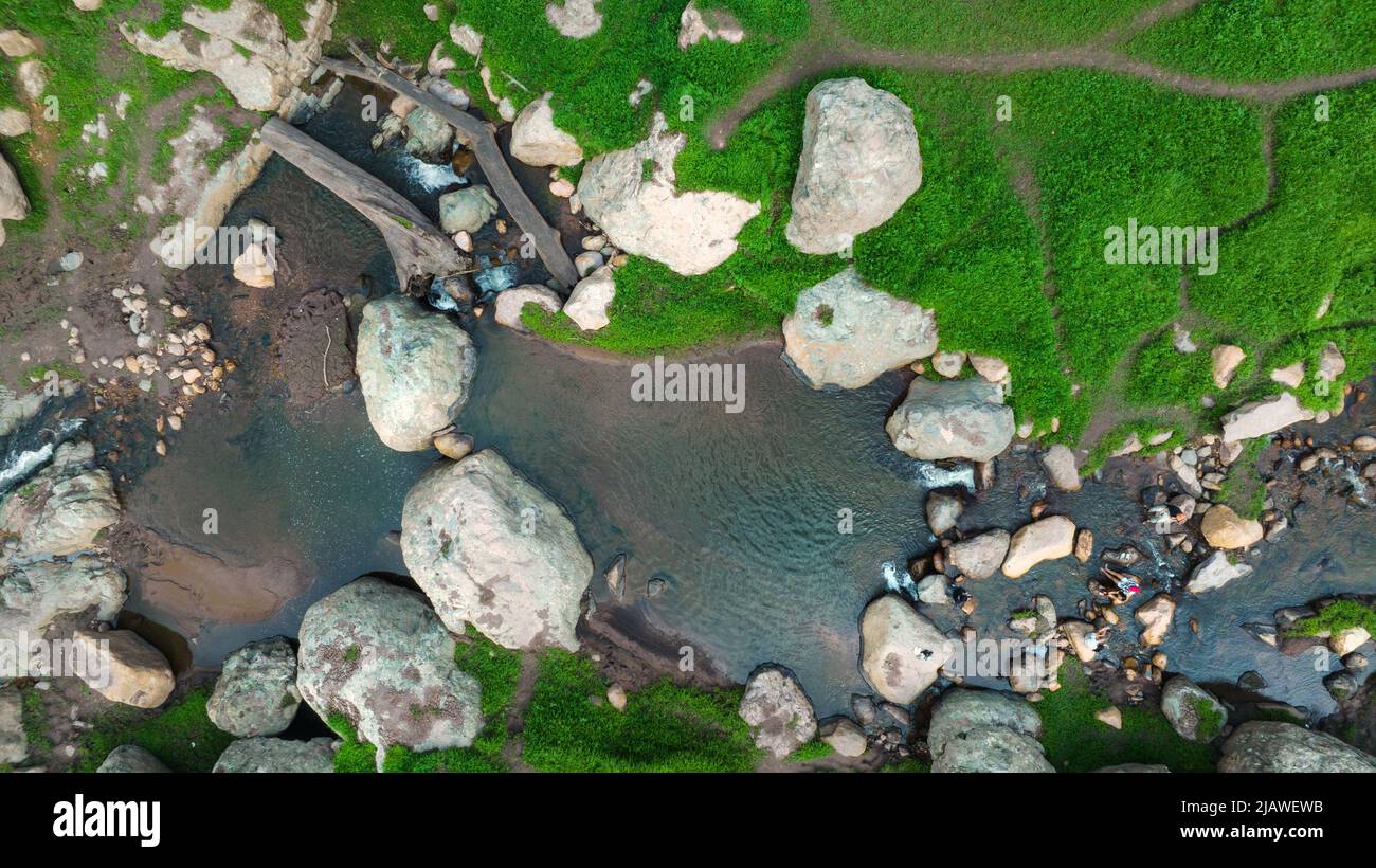 Vista aerea del bel ruscello naturale e campo verde di erba nella foresta selvaggia concetto di montagna viaggio e relax in vacanza. Foto Stock