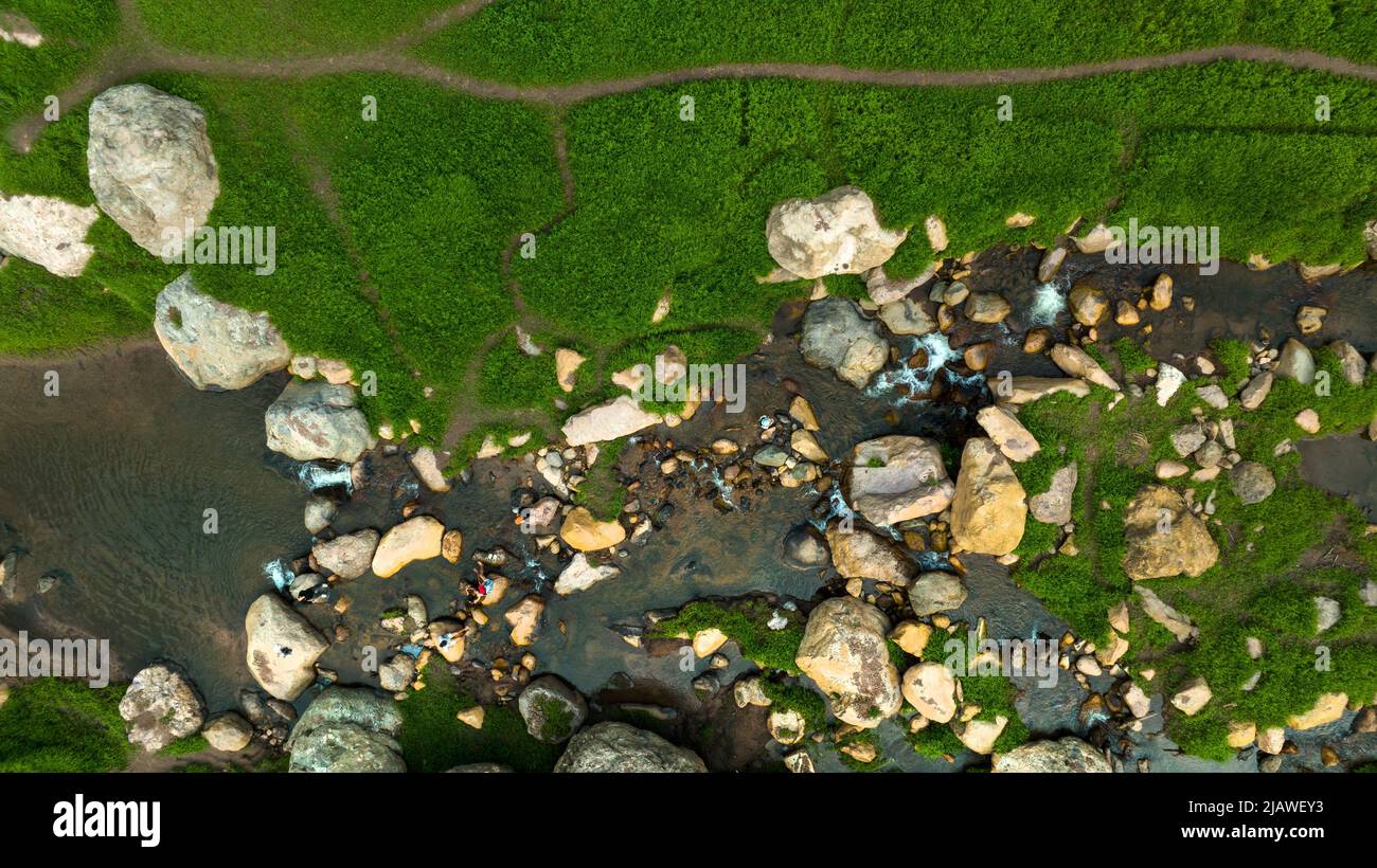 Vista aerea del bel ruscello naturale e campo verde di erba nella foresta selvaggia concetto di montagna viaggio e relax in vacanza. Foto Stock