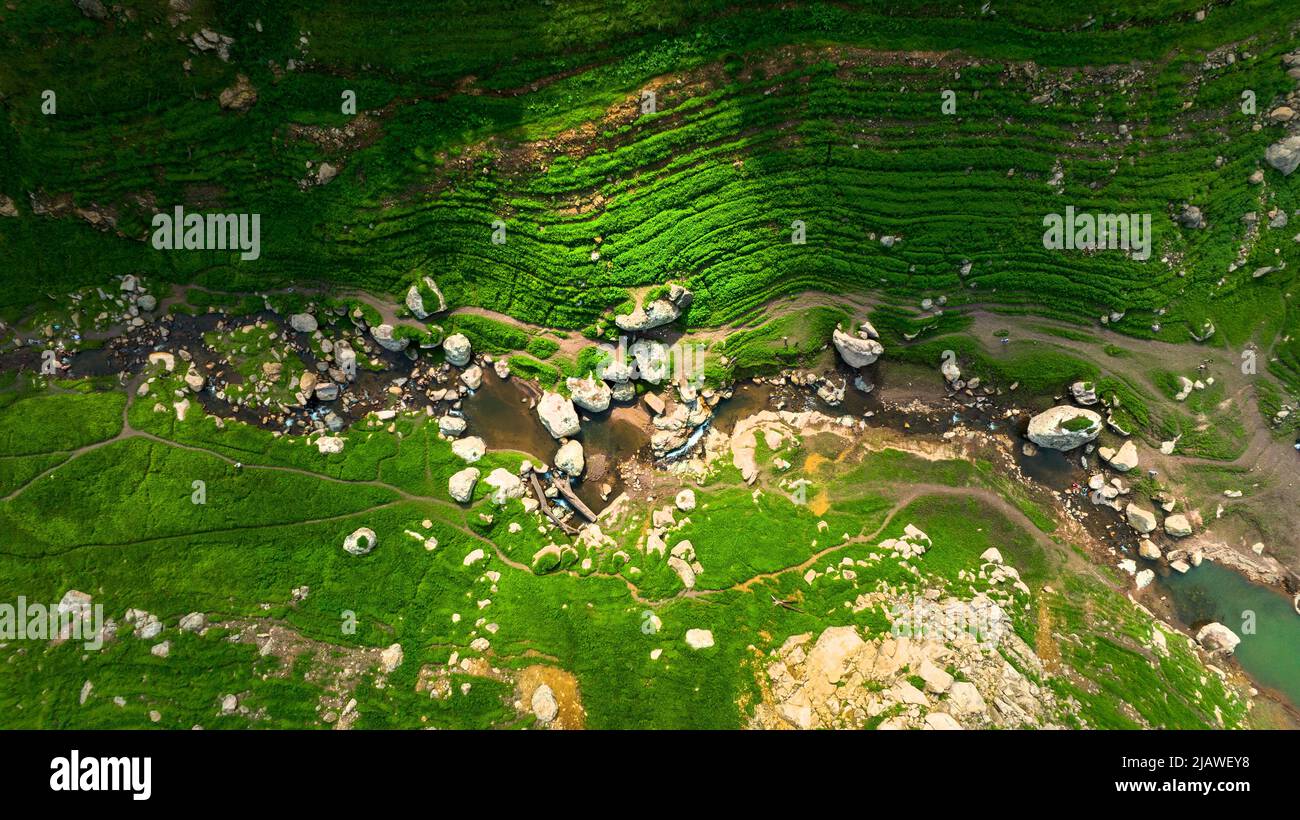 Vista aerea del bel ruscello naturale e campo verde di erba nella foresta selvaggia concetto di montagna viaggio e relax in vacanza. Foto Stock
