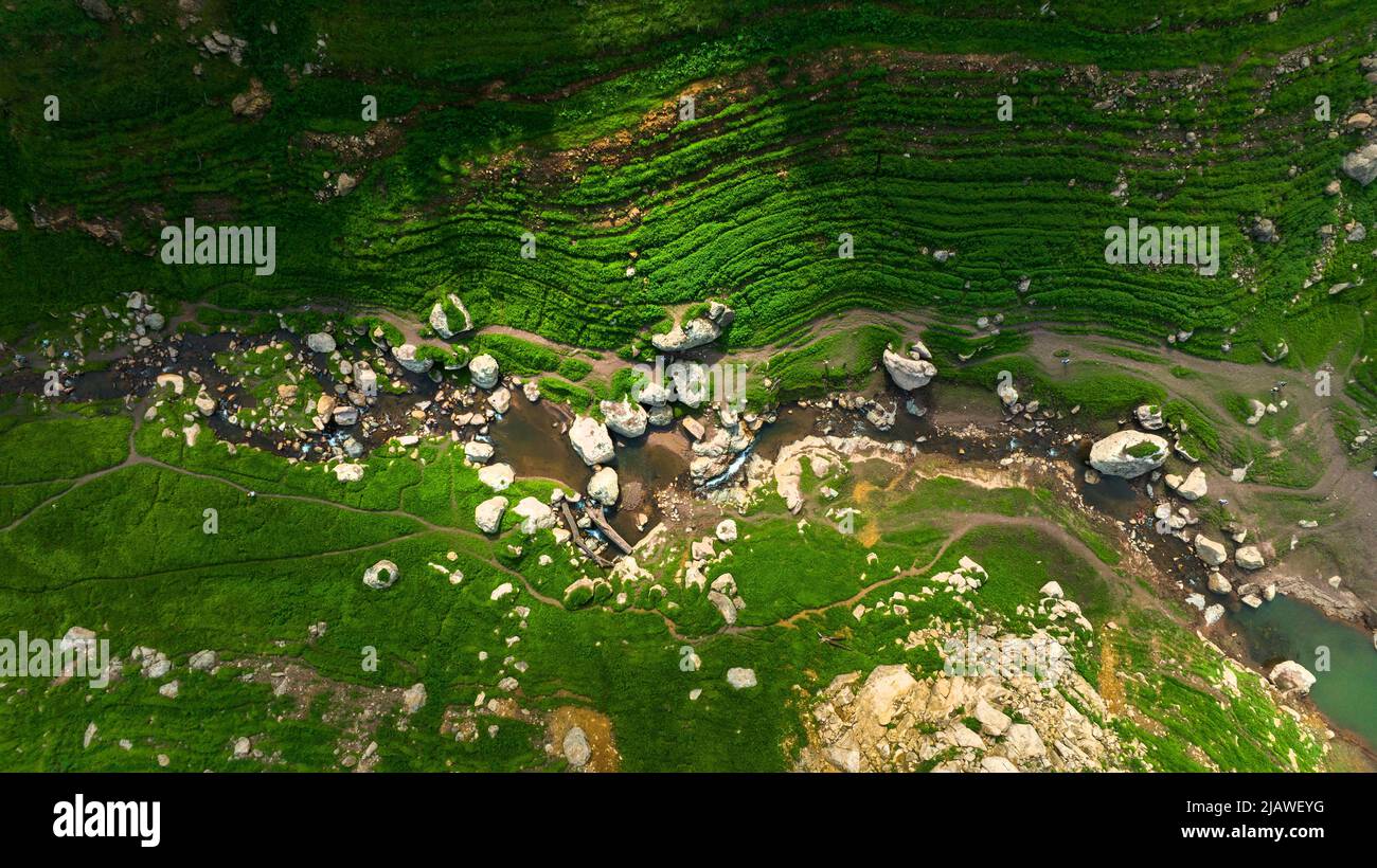 Vista aerea del bel ruscello naturale e campo verde di erba nella foresta selvaggia concetto di montagna viaggio e relax in vacanza. Foto Stock
