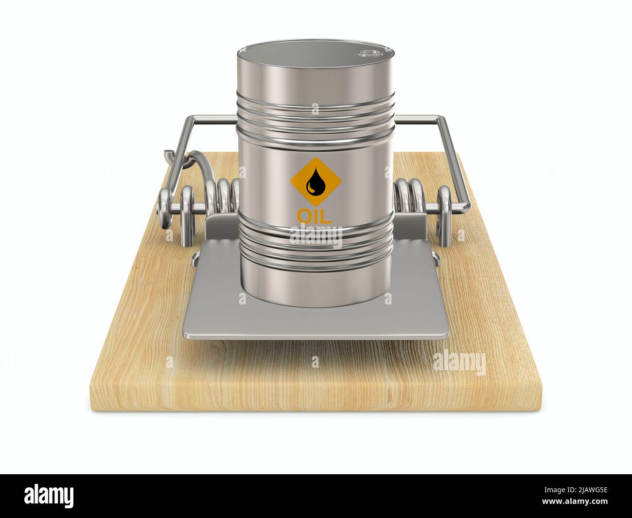 mousetrap e barile d'olio su sfondo bianco. Illustrazione 3D isolata Foto Stock
