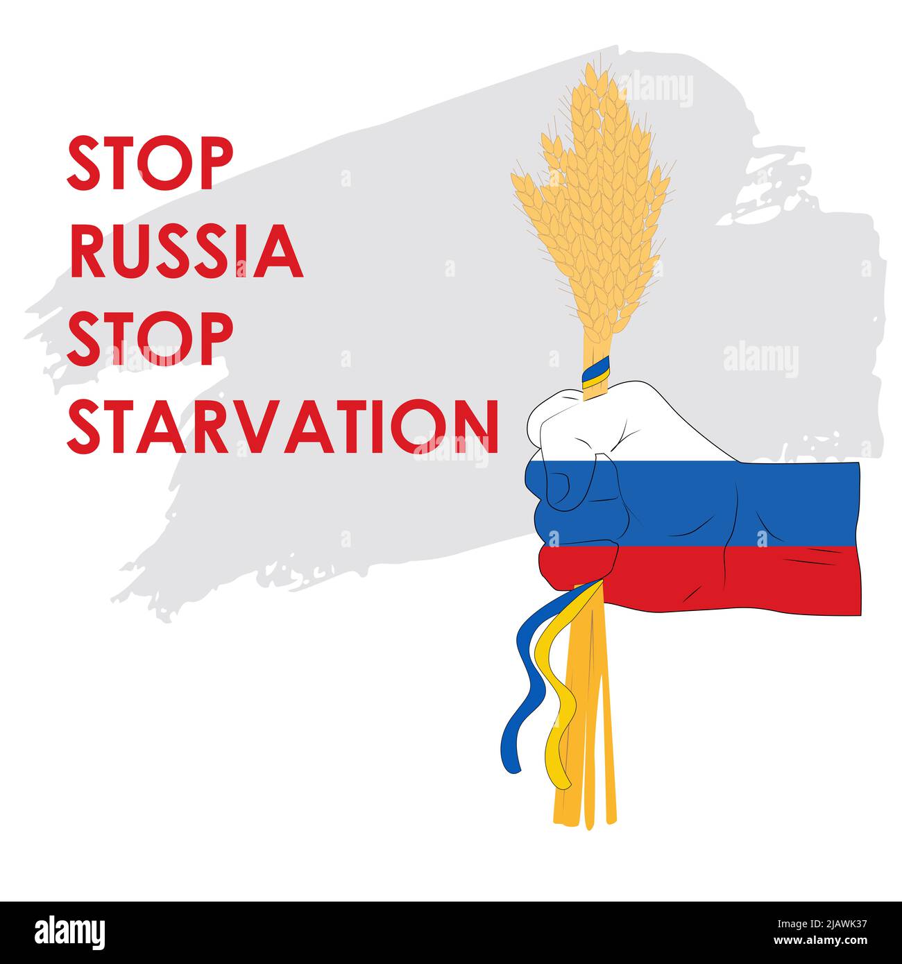 Grano ucraino in russo pugno. Rapina russa di grano ucraino. Fame nel mondo. Guerra in Ucraina concetto. Illustrazione Foto Stock