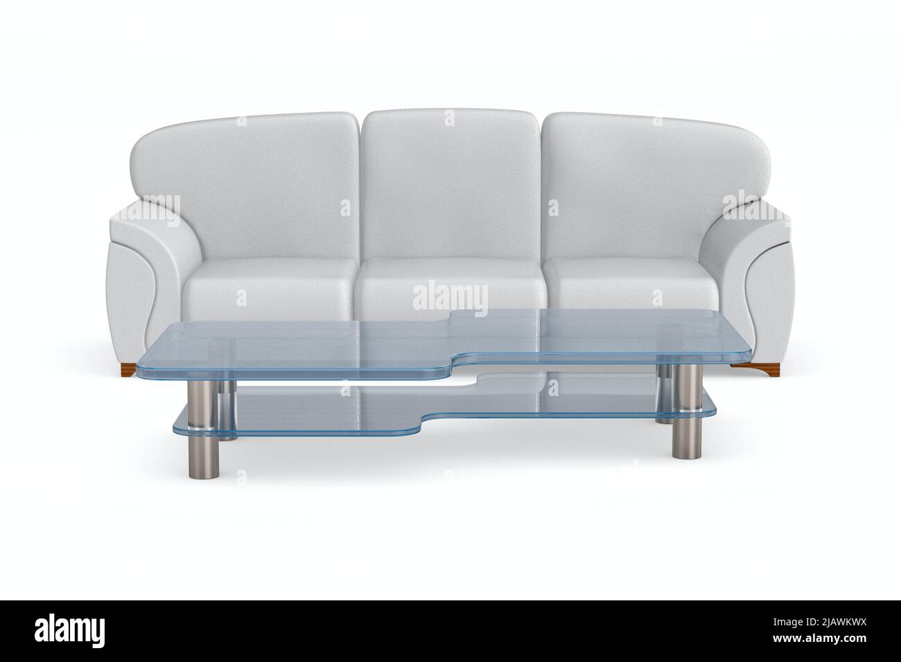 divano in pelle bianca e tavolo basso su sfondo bianco. Illustrazione 3D isolata Foto Stock