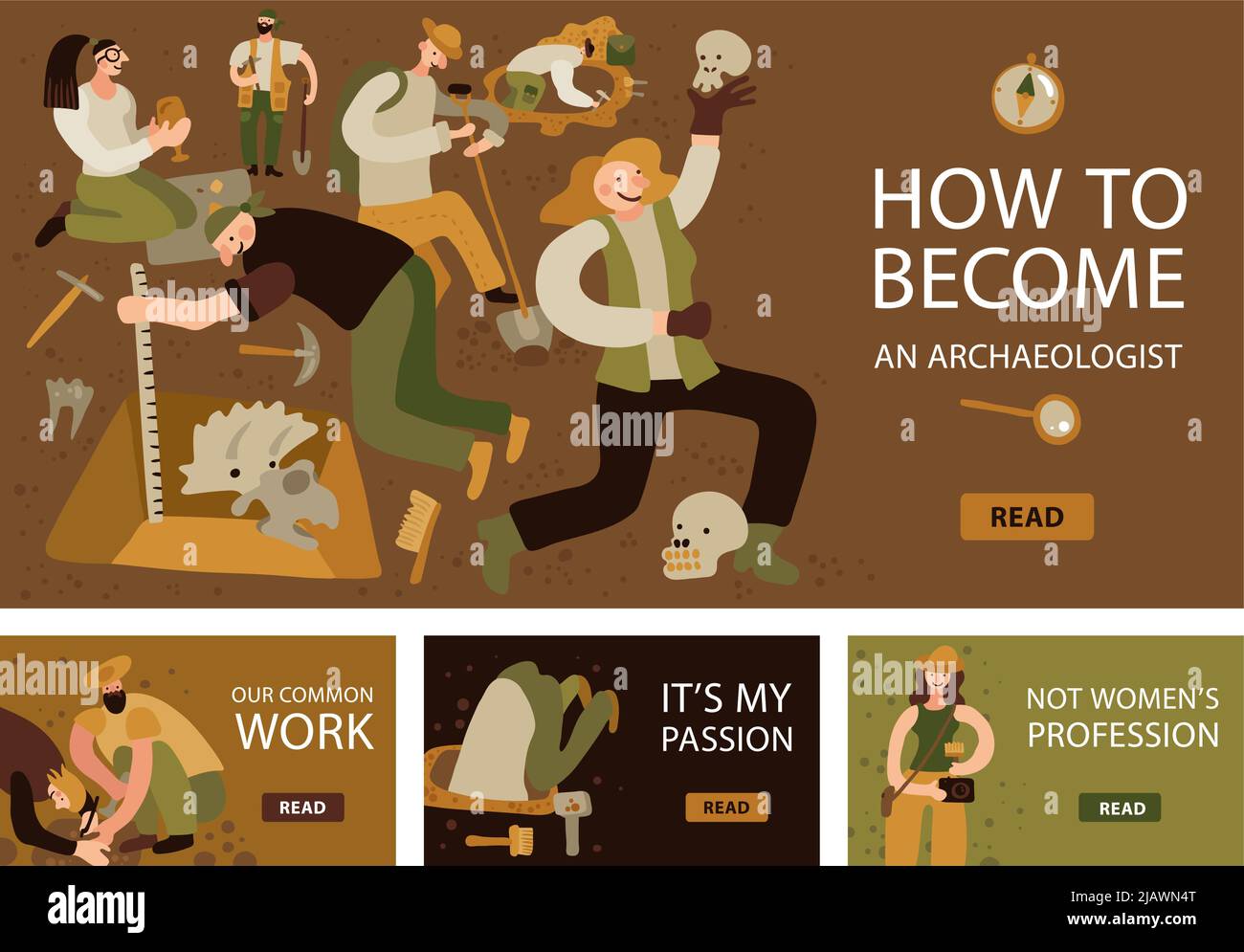 Archaeology Banners orizzontali con simboli di lavoro piatta illustrazione vettoriale isolata Illustrazione Vettoriale