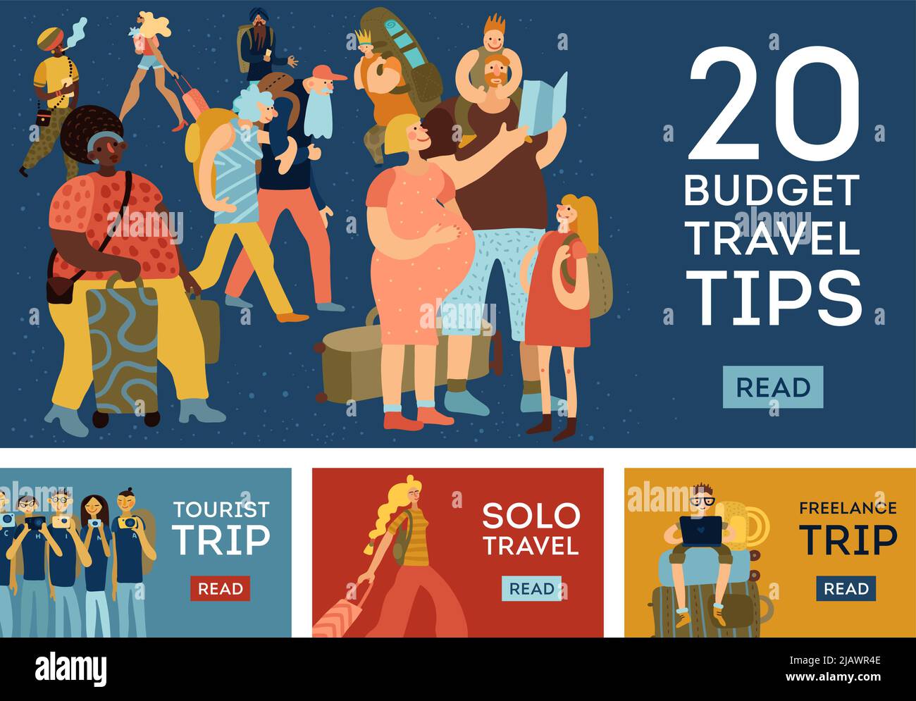 Suggerimenti di viaggio concetto banner orizzontali con simboli di viaggio budget illustrazione vettoriale piatta e isolata Illustrazione Vettoriale
