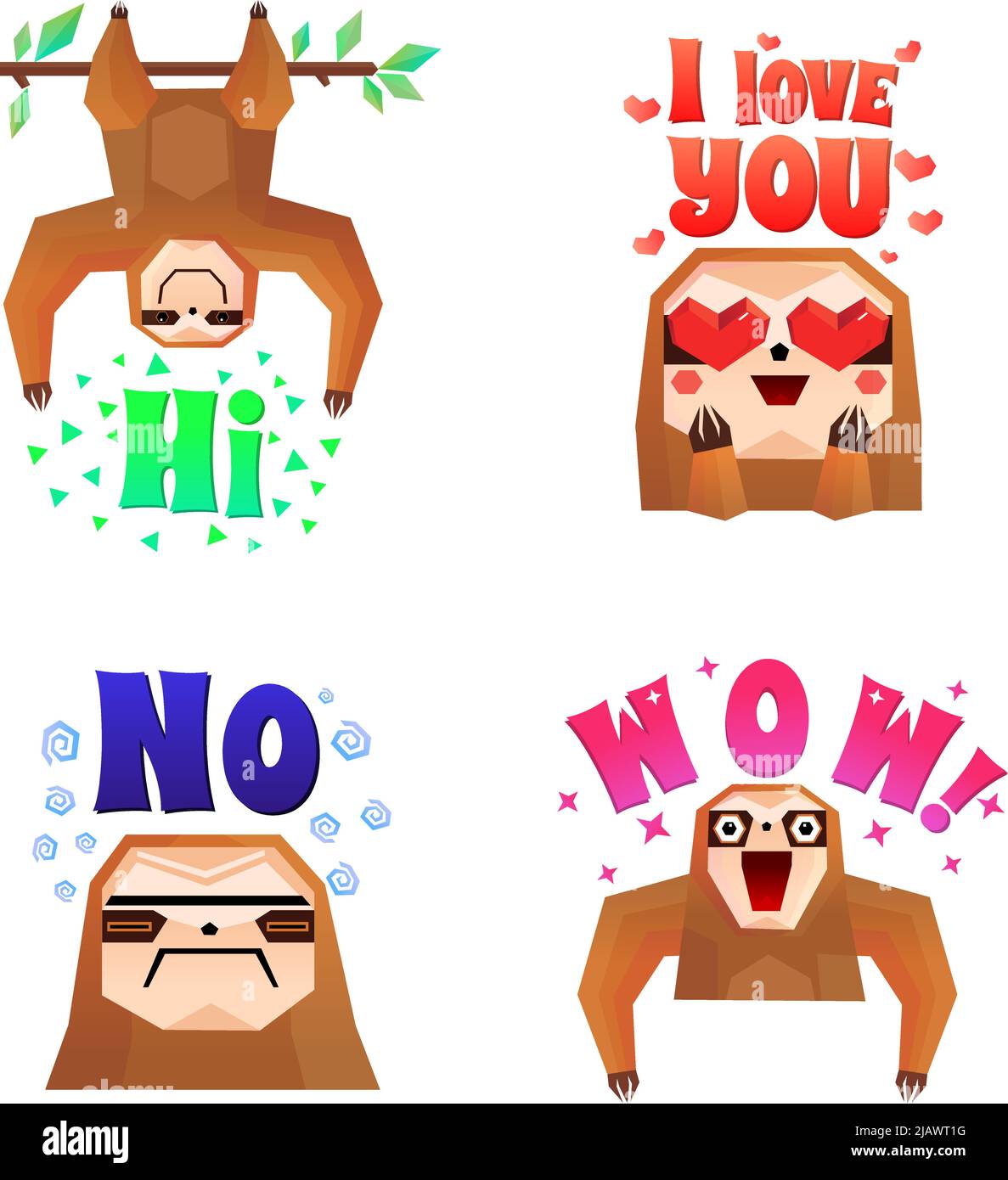 Sloth 4 divertente cartoon icone di carattere set con WOW amore no e le lettere colorate hi isolato illustrazione vettoriale Illustrazione Vettoriale