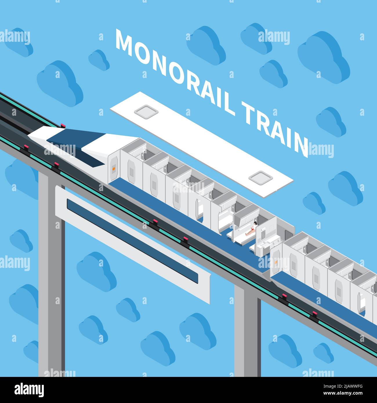 Composizione isometrica del treno di velocità monorotaia con illustrazione vettoriale del costruttore interno dell'automobile e dei passeggeri in viaggio Illustrazione Vettoriale