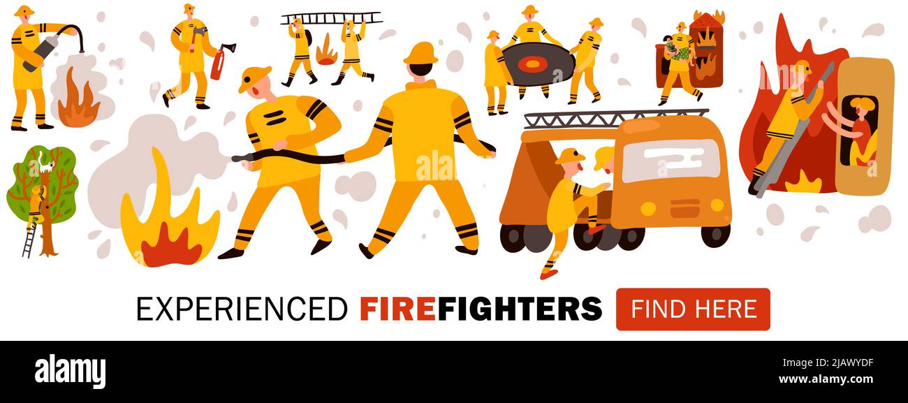 Vigili del fuoco esperti durante il lavoro pericoloso intestazione per sito web orizzontale piatta illustrazione vettoriale Illustrazione Vettoriale