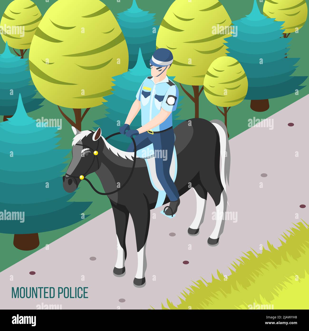 Sullo sfondo isometrico della polizia montato con poliziotto pattugliando il parco della città a cavallo vettore illustrazione Illustrazione Vettoriale