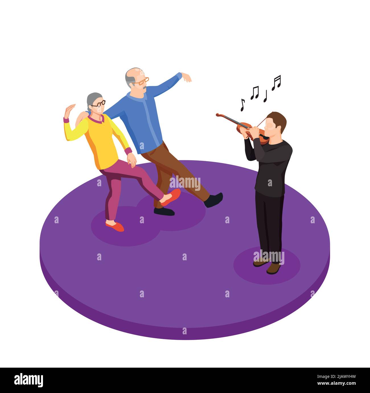 Tempo libero di coppia anziana composizione isometrica con anziano uomo e donna ballando sotto la musica dal vivo illustrazione vettoriale Illustrazione Vettoriale