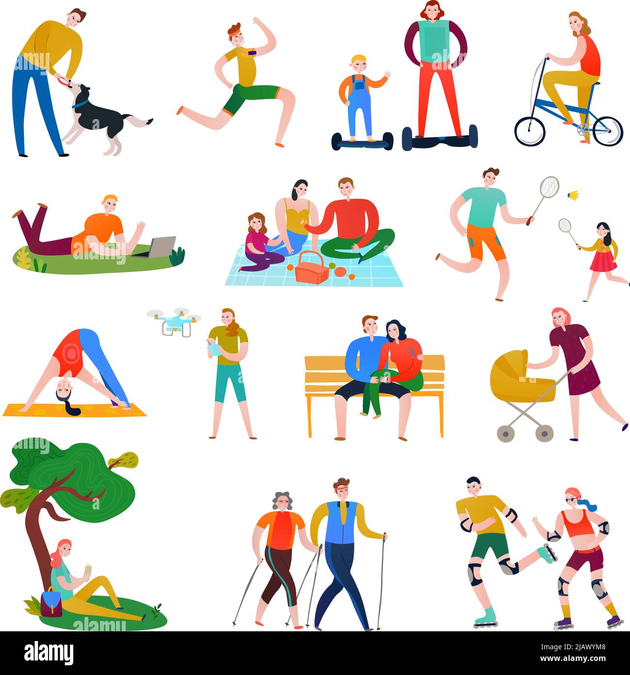 Insieme piatto di icone colorate con persone che si riposano facendo sport giocando in parco isolato su sfondo bianco illustrazione vettoriale Illustrazione Vettoriale