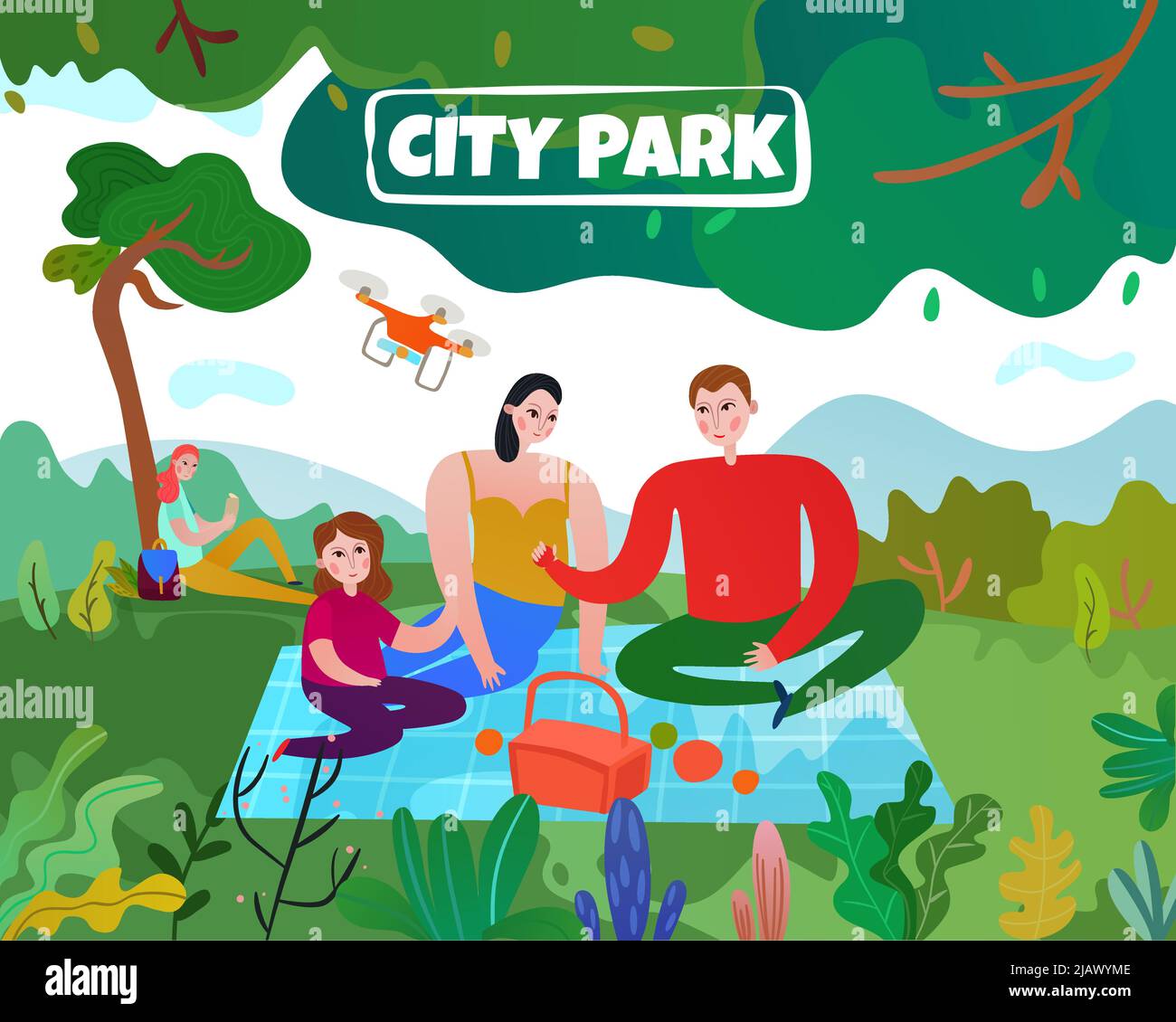 Parco cittadino con alberi prato genitori e bambini immagine vettoriale piatto Illustrazione Vettoriale