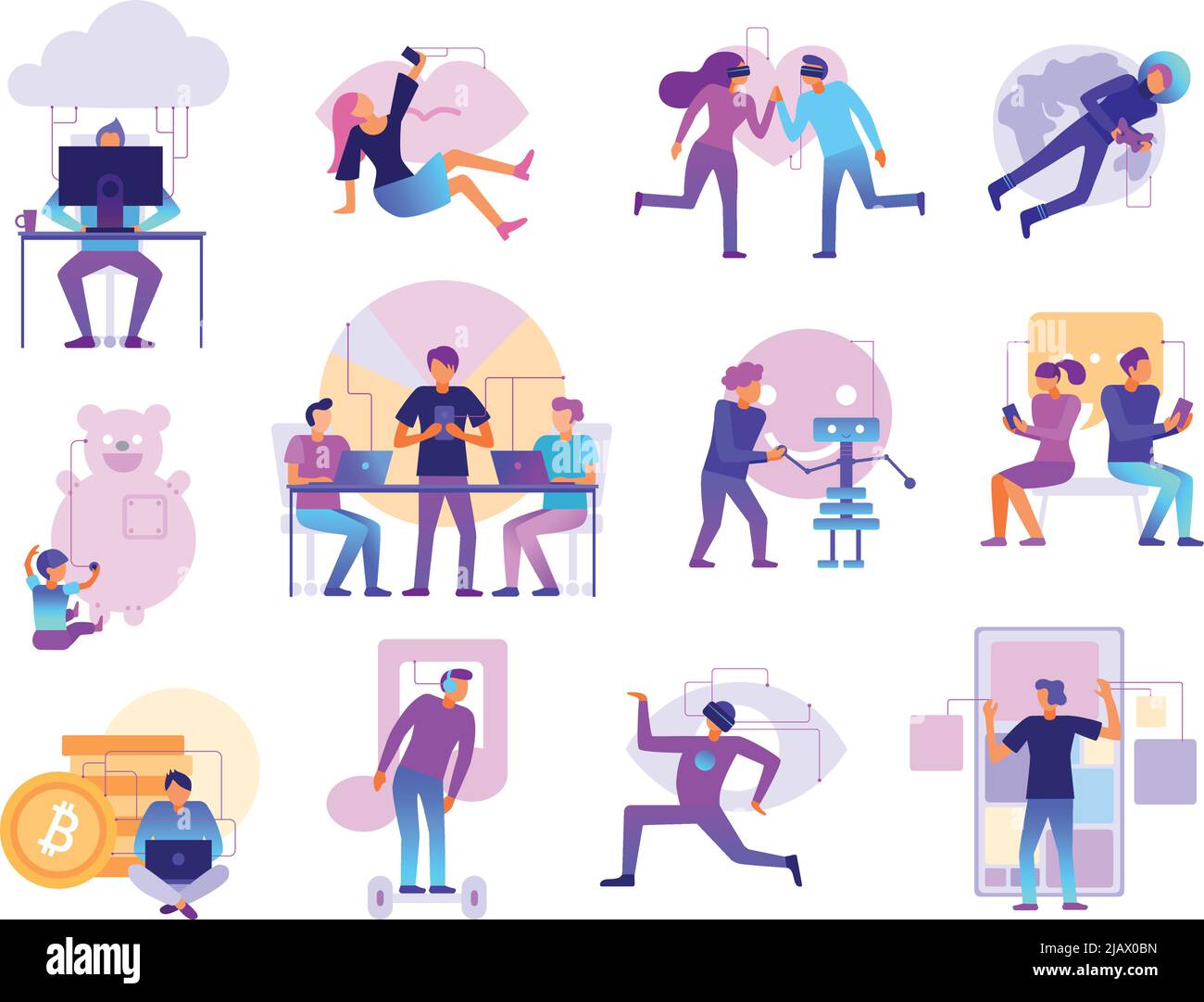 Tecnologie moderne colori vibranti cartoon set con realtà virtuale datazione spazio viaggio bitcoins mining robot illustrazione vettoriale Illustrazione Vettoriale