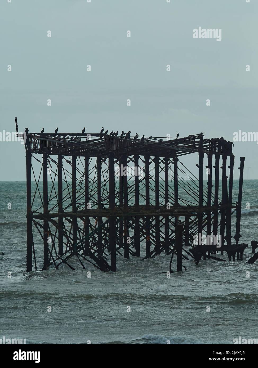 I resti scheletrici del rovinato West Pier al largo di Brighton Beach, ora colonizzato da uccelli marini, gabbiani e cormorani, che si rifugiano dai mari accidentati. Foto Stock