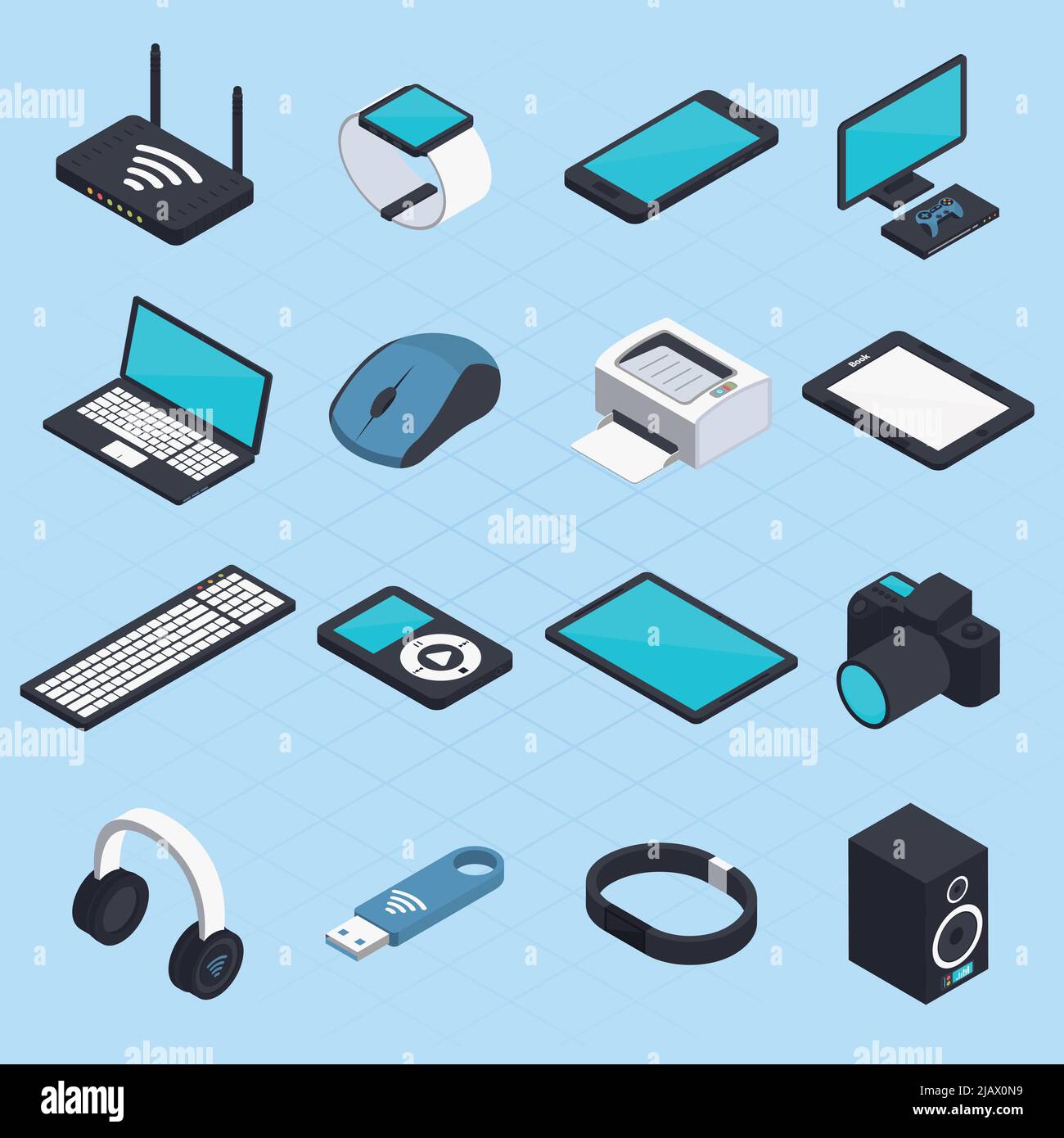 Set isometrico di dispositivi mobili wireless con smartphone cuffie notebook usb tablet stampante mouse icone modem illustrazione vettoriale isolata Illustrazione Vettoriale