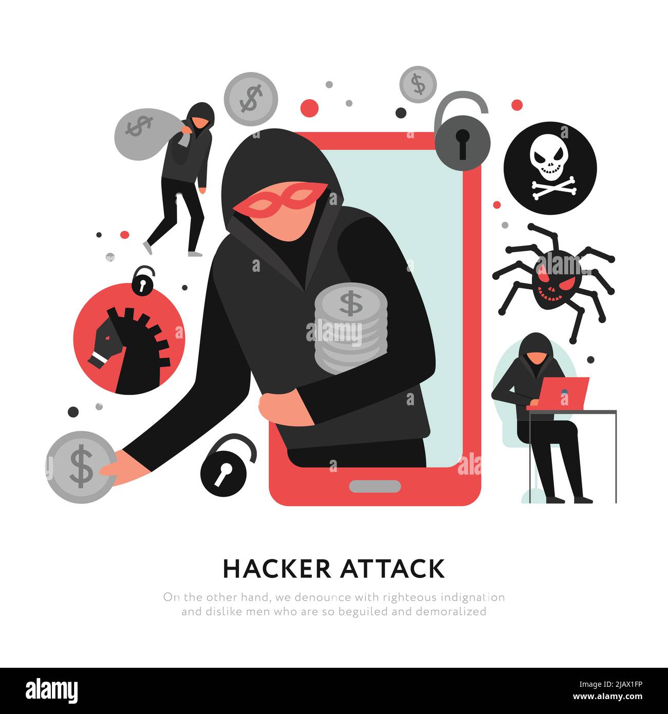 Composizione degli attacchi hacker con icone di rapina digitale e malware su sfondo bianco immagine vettoriale piatta Illustrazione Vettoriale
