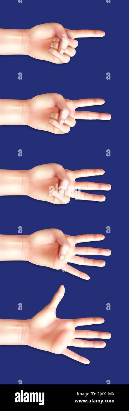 Concetto dei gesti di comunicazione Set di conteggio dei segni delle mani da uno a cinque su sfondo blu illustrazione vettoriale Illustrazione Vettoriale