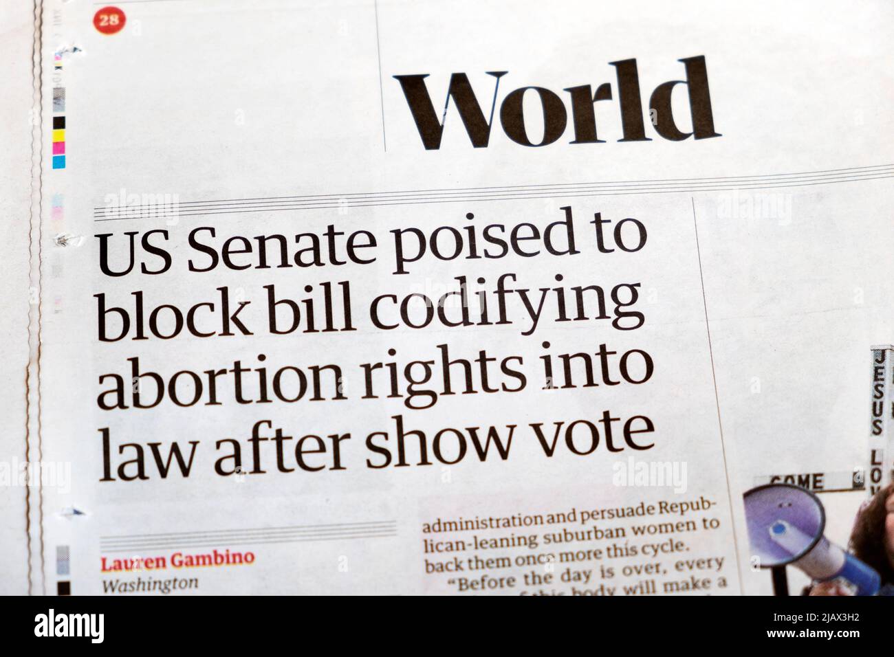 "Il Senato DEGLI STATI UNITI è in procinto di bloccare il disegno di legge che codifica i diritti di aborto nella legge dopo il voto di show", giornale Guardian, clipping, 11 maggio 2022, London England UK Foto Stock