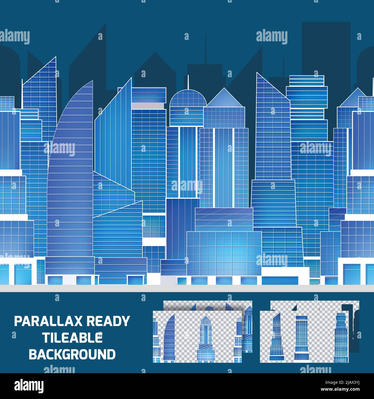 Moderni grattacieli in vetro e acciaio nel centro della città notte paesaggio urbano titolabile parallasse sfondo astratto illustrazione vettoriale. EPS e Re modificabili Illustrazione Vettoriale