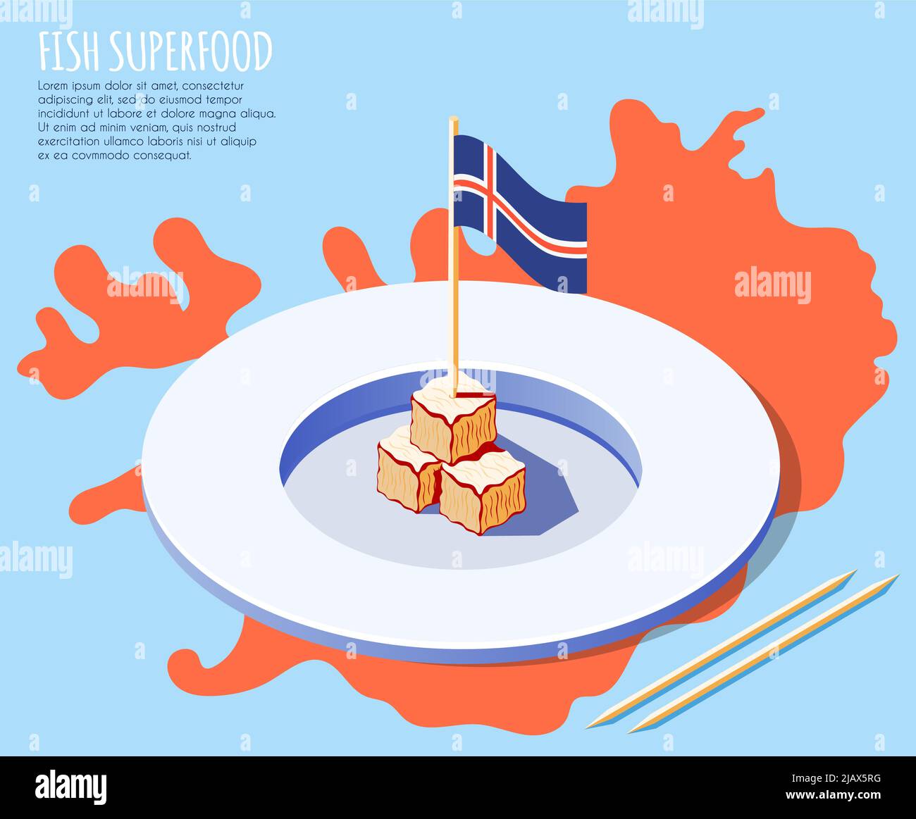 Fondo isometrico di pesce superalimentare con piatto di carne secca di squalo sulla mappa dell'islanda e illustrazione del vettore nazionale della bandiera Illustrazione Vettoriale