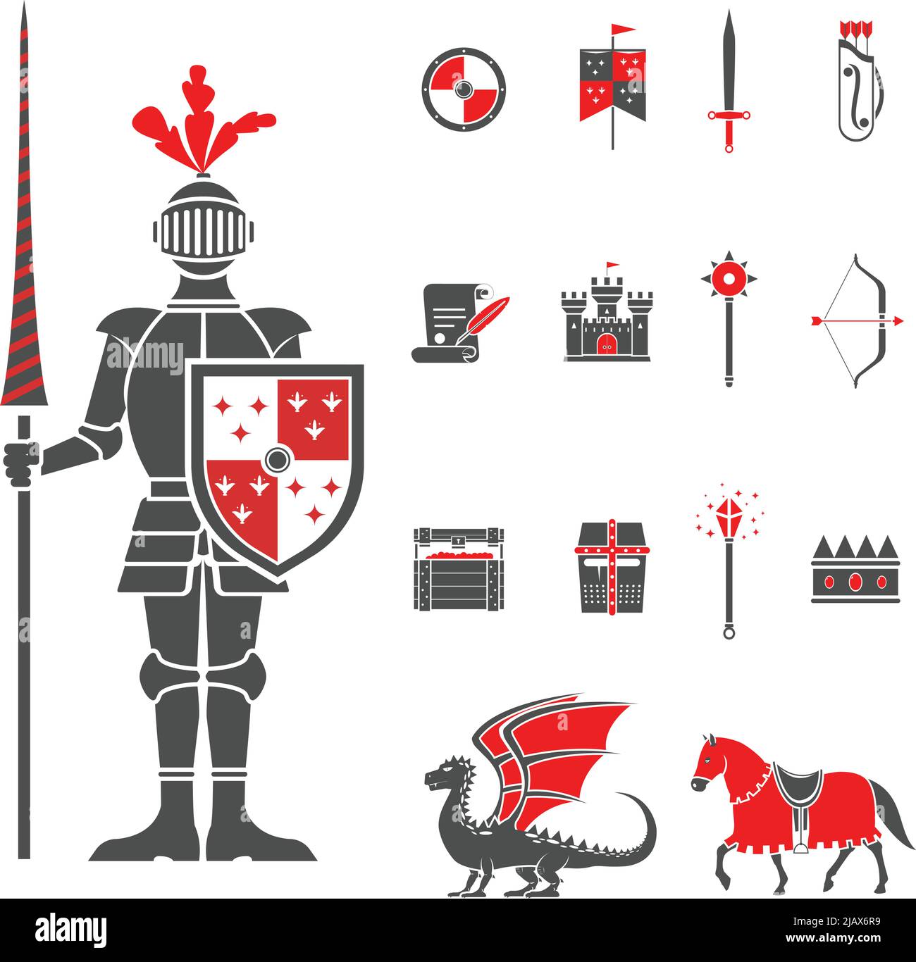 Cavaliere castello medievale con lance e scudo icone set e drago rosso nero astratto illustrazione vettoriale isolato Illustrazione Vettoriale