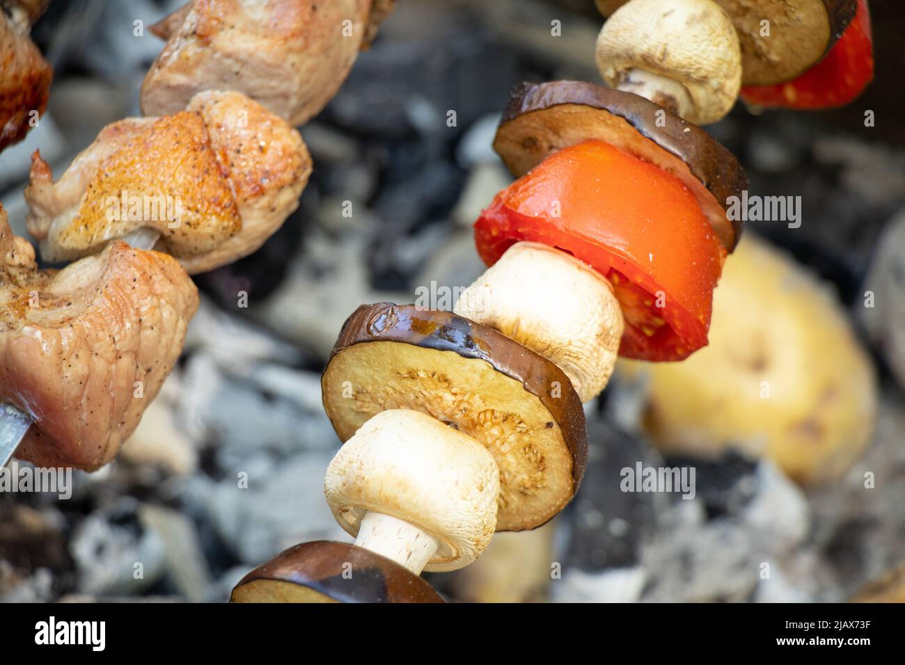 funghi fritti e pomodori con melanzane su spiedini sul fuoco nella foresta, verdure fritte sul fuoco, shashlik vegetale Foto Stock
