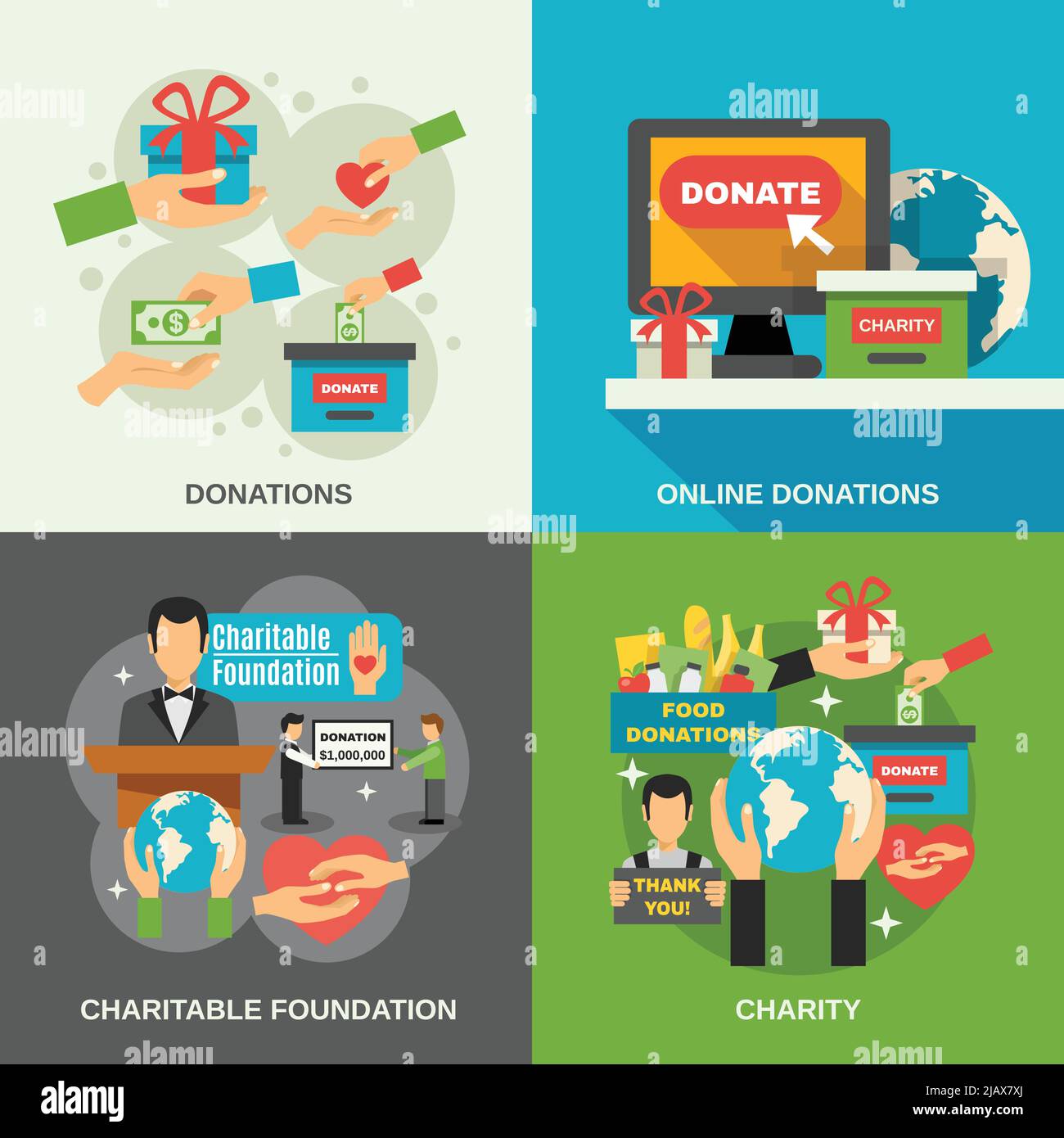 Icone di concetto di beneficenza impostate con i simboli di donazioni online illustrazione vettoriale piatta e isolata Illustrazione Vettoriale