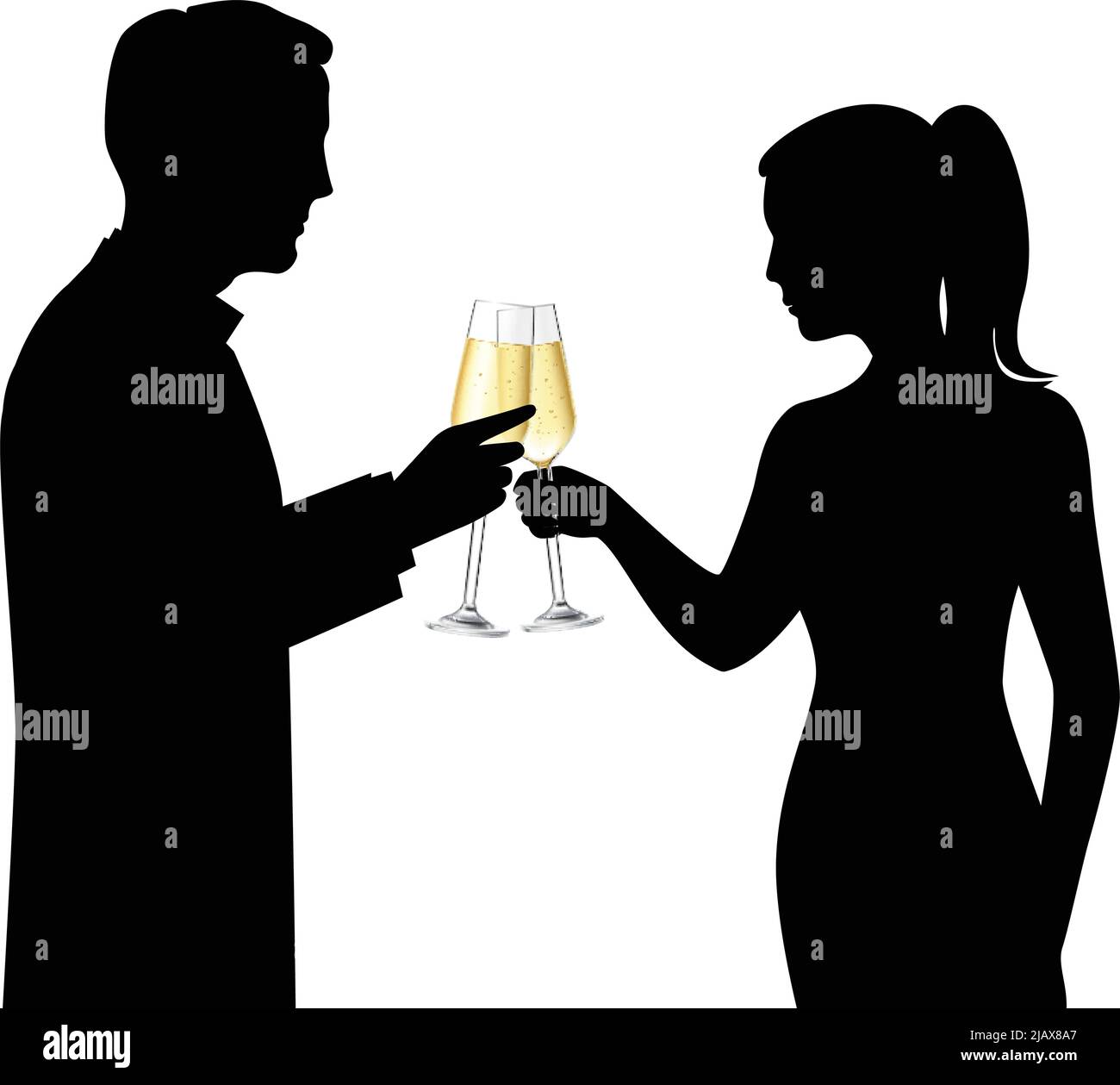 Coppia eterosessuale silhouette nere bere champagne e parlare celebrazione scena illustrazione vettoriale Illustrazione Vettoriale