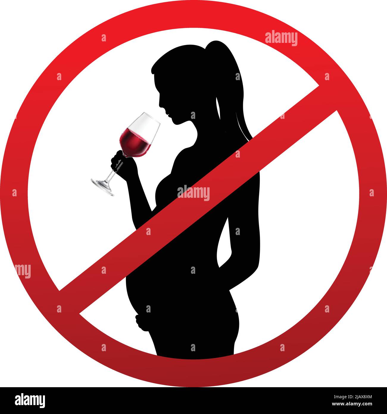 Donna incinta silhouette bere vino da vetro in stop simbolo illustrazione vettoriale Illustrazione Vettoriale
